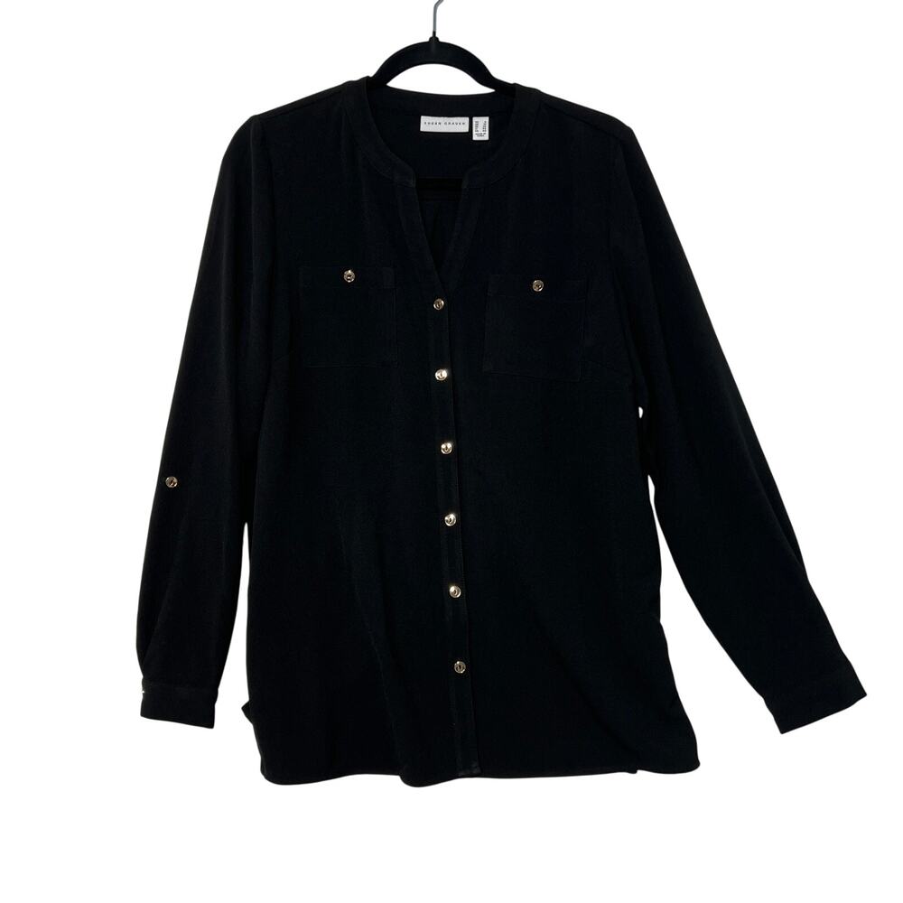 SUSAN GRAVER Womens 6 Black Blouse Gold Buttons Roll Tab Long Sleeve Pockets